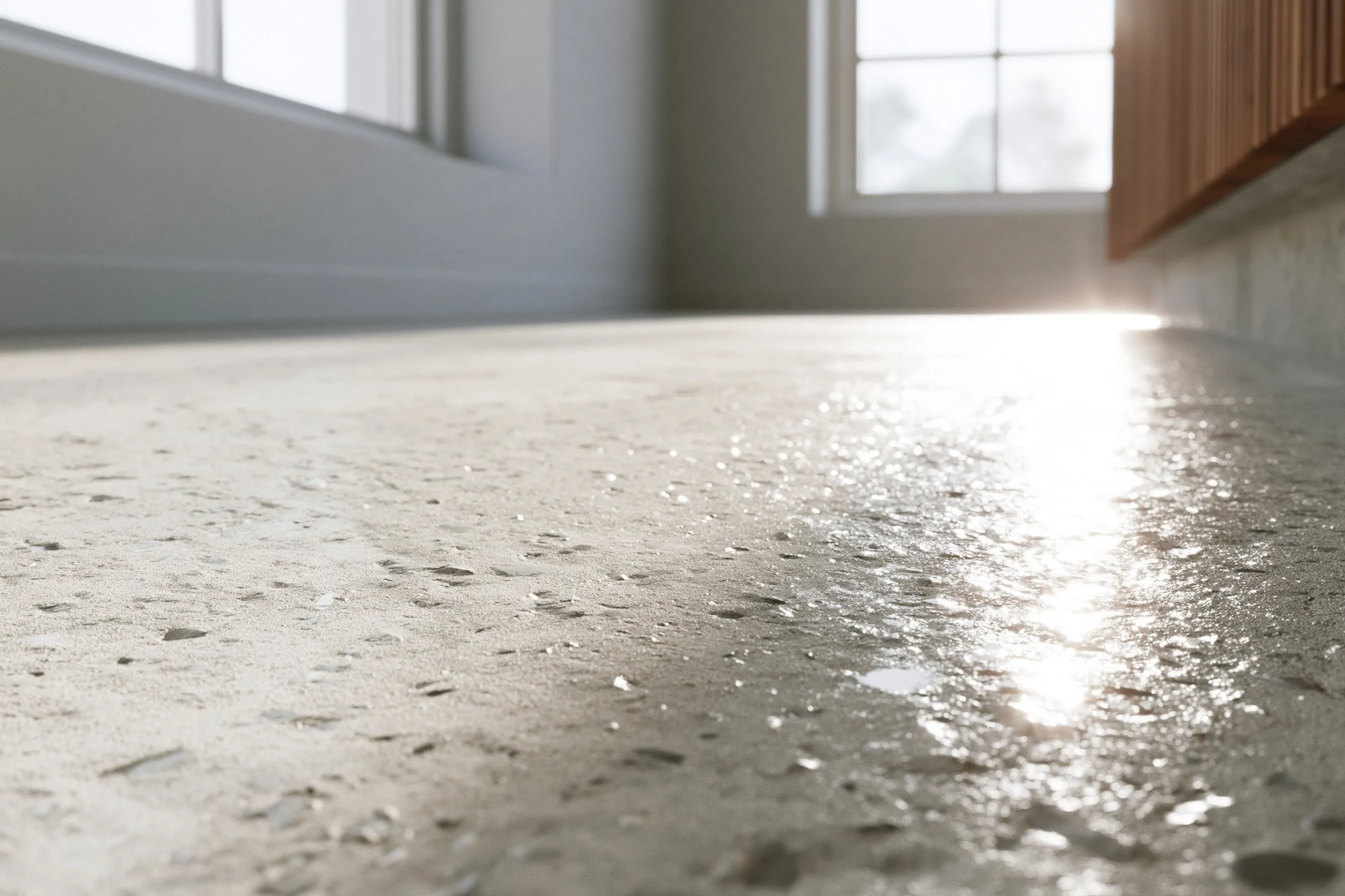 Close-up of a cream-finish polished concrete surface with very fine sand specks and the soft reflection of a window