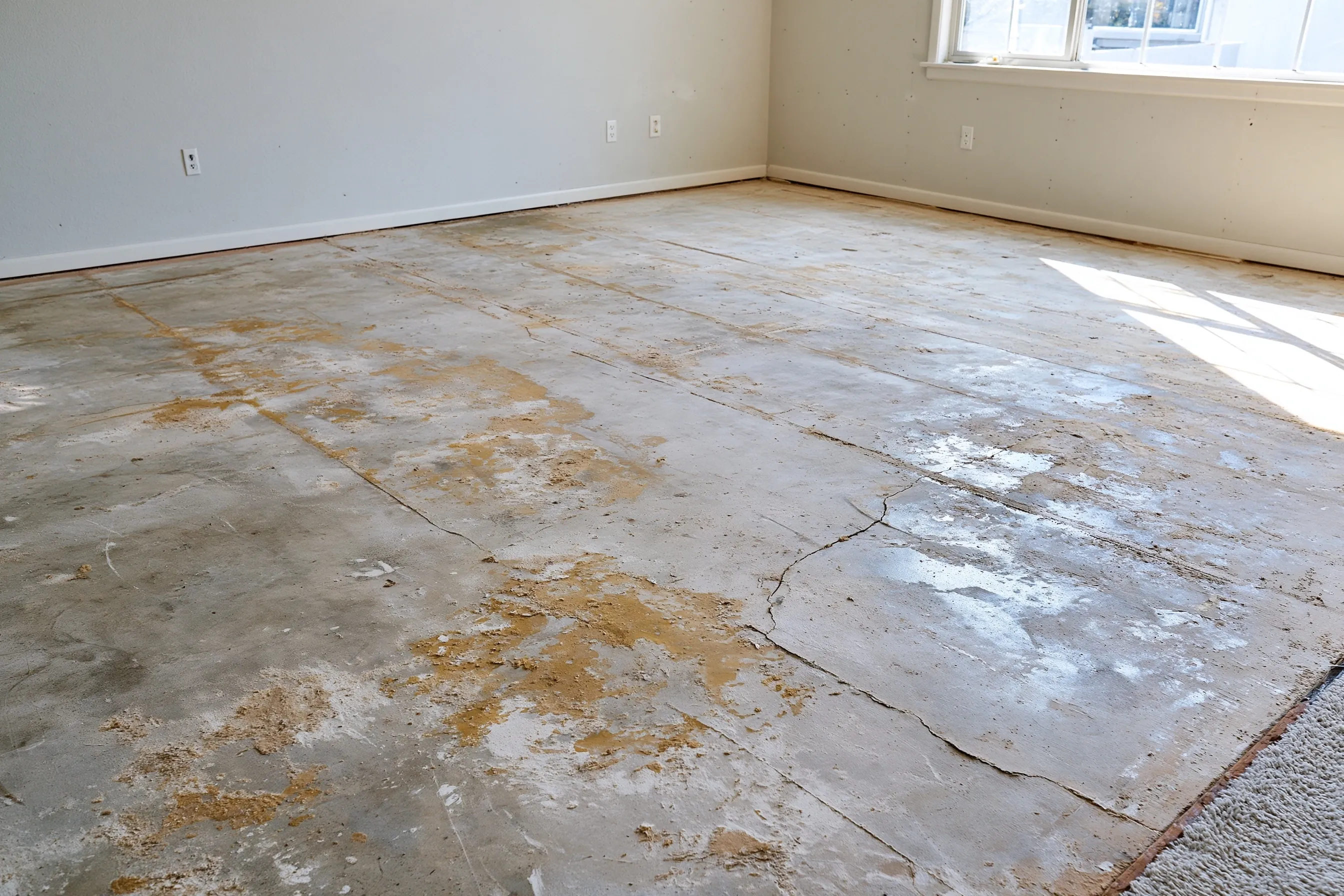 Concrete slab in an empty room after carpet removal, with patches of old yellow adhesive, a few cracks and daylight from one window