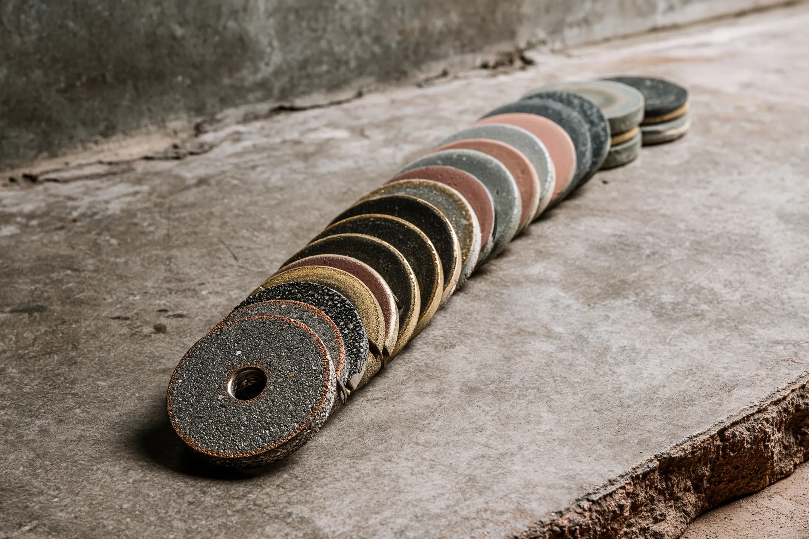 Row of grinding and polishing discs laid out from coarse to fine on a concrete slab