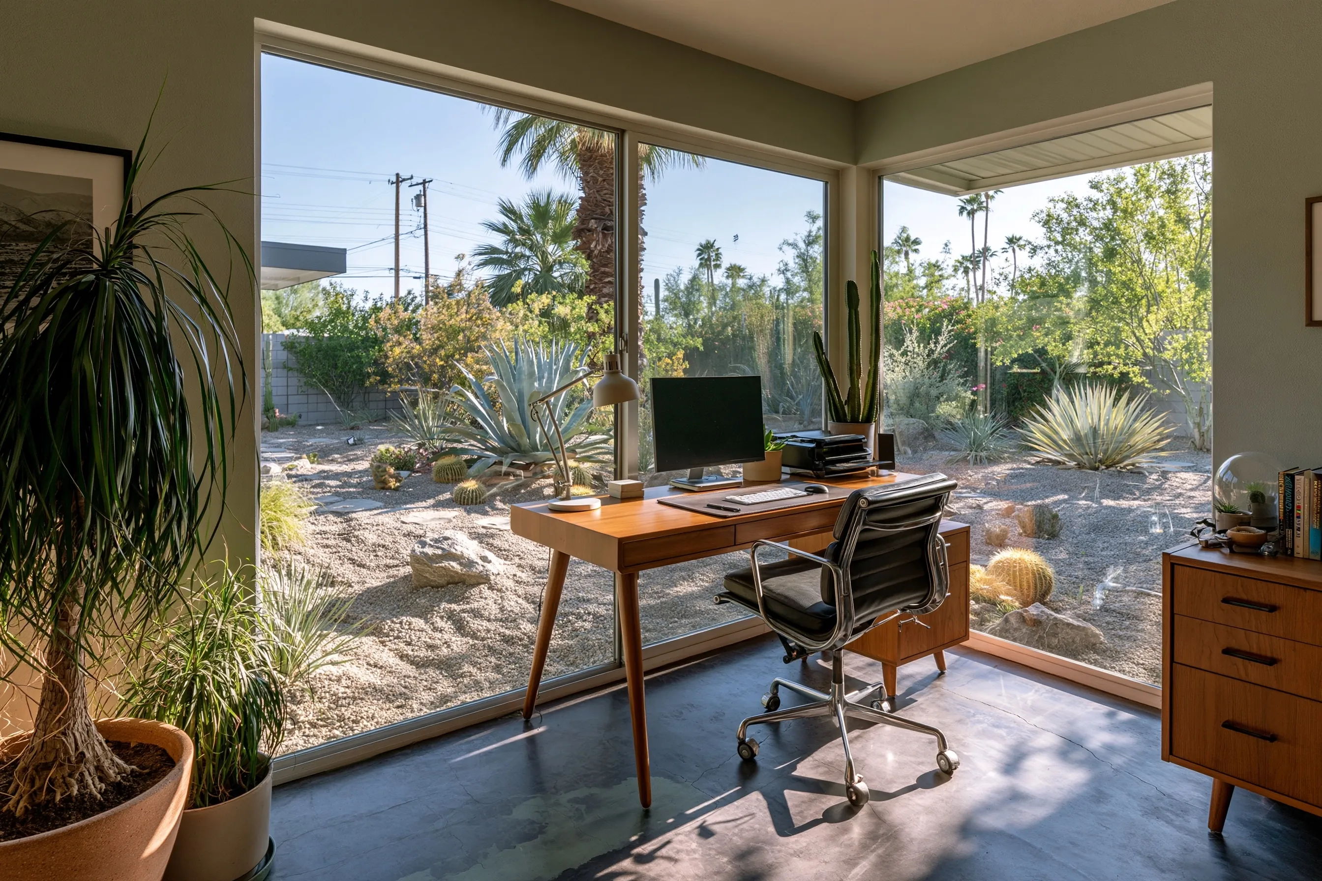 Home office with a dark charcoal-grey dyed polished concrete floor, subtle color variation and a large window onto a desert garden