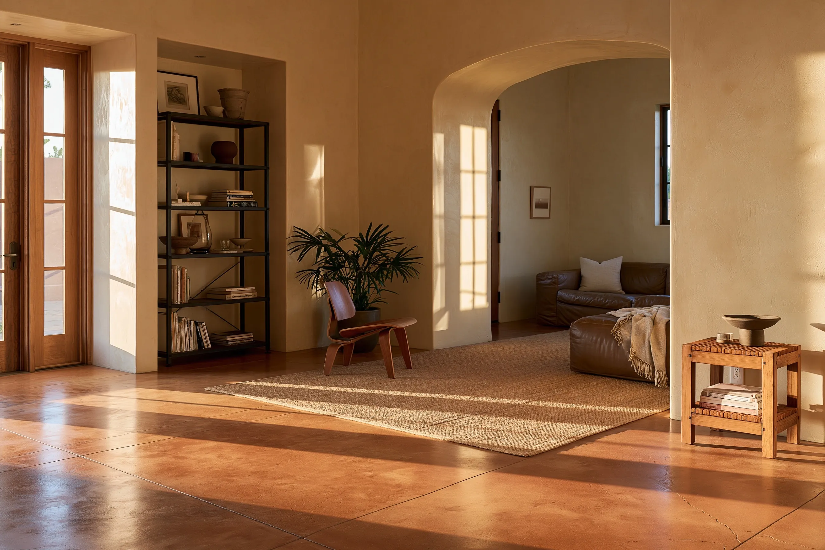 Living room with a warm terracotta-dyed polished concrete floor with mottled color, cream stucco walls and a woven rug