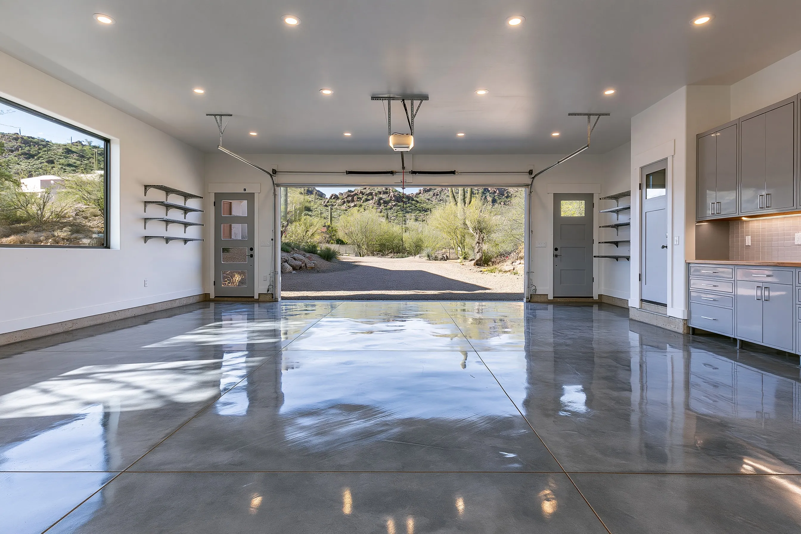 Wide three-car garage with a charcoal dyed and polished concrete floor, light reflections, wall storage and a desert gravel driveway outside