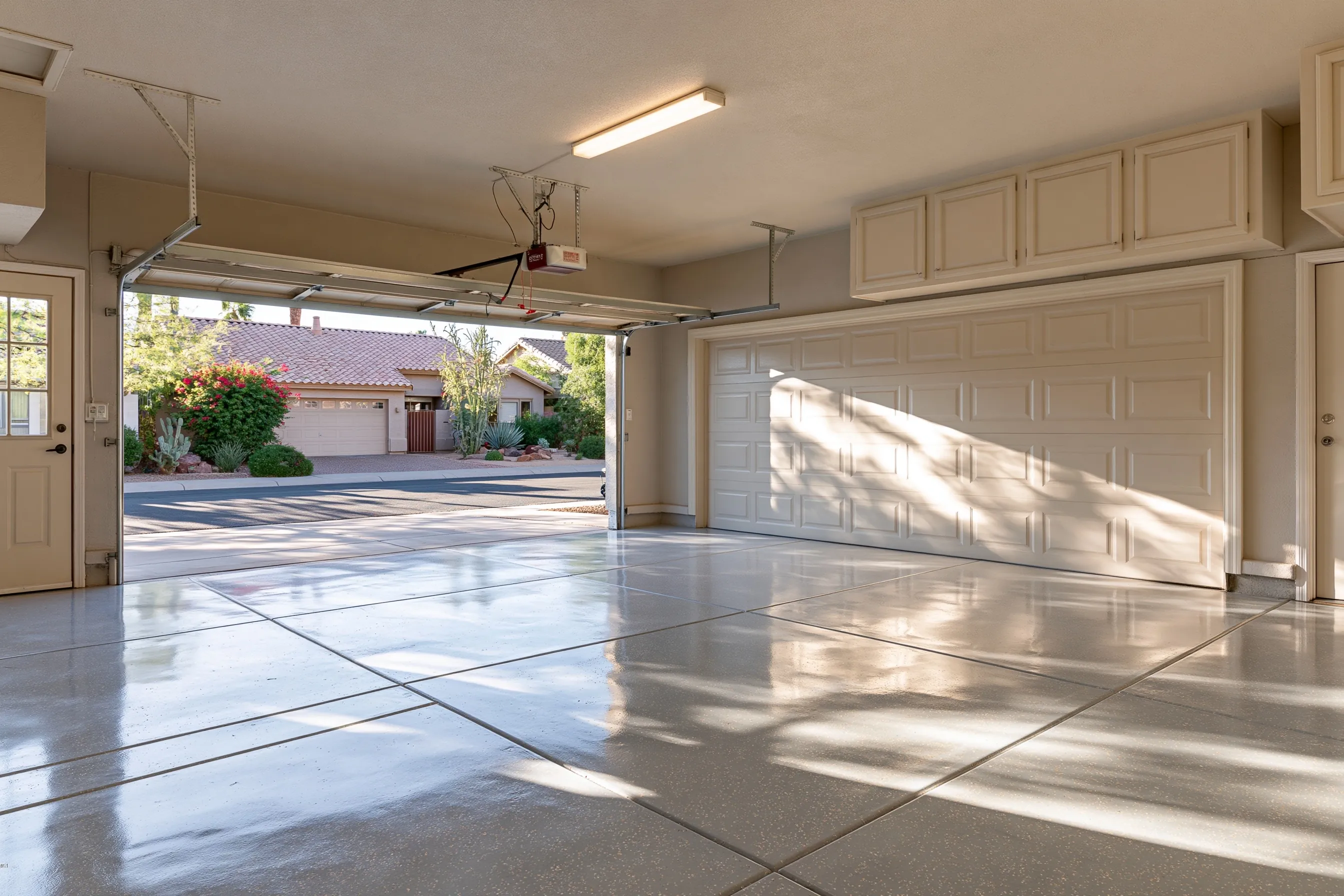 Two-car garage with a satin light gray polished concrete floor, one open door and one closed door, saw-cut joints, a tile roof visible across the street
