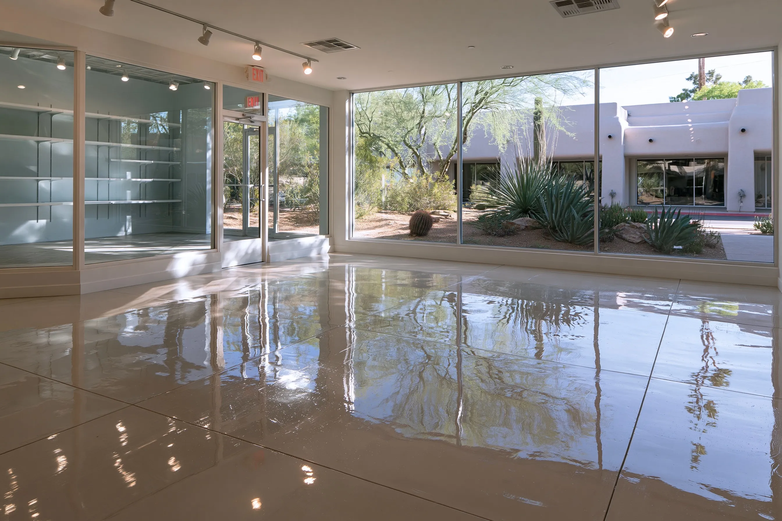 Empty retail showroom with a high-gloss polished concrete floor reflecting storefront glass and display shelving, with stucco and desert planting visible through the window