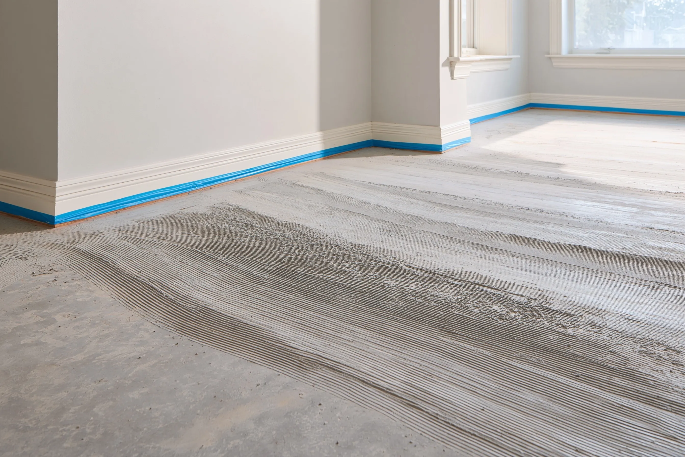 Room with the tile removed, a bare concrete slab with ridges of leftover thinset, blue tape on the baseboards and one window